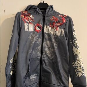 Ed Hardy Grey Zip Hoodie with Red Dragon and Tiger Graphics